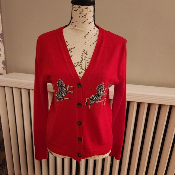 J. Crew NWOT Red 100% Merino Wool Zebra Novelty Print Cardigan Sweater Size S - Picture 2 of 11